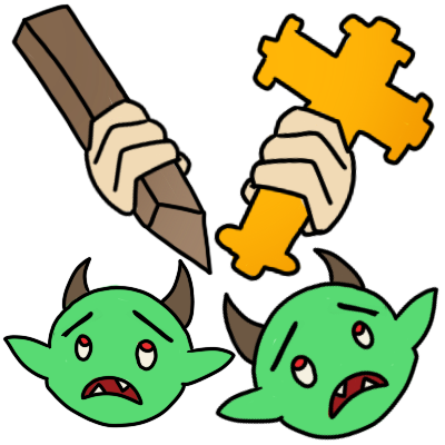 two pale hands, one holding a stake and one holding a gold crucifix. below them, the faces of two frightened green monsters with pointed ears, grey horns, and pointy teeth .